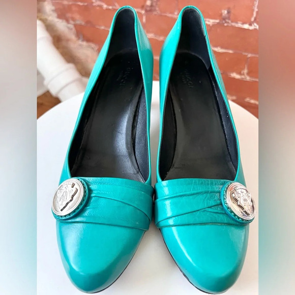 Gucci Tom Ford Hysteria Kitten Heel Pumps Turquoise Green Crest Aqua - Picture 5 of 15
